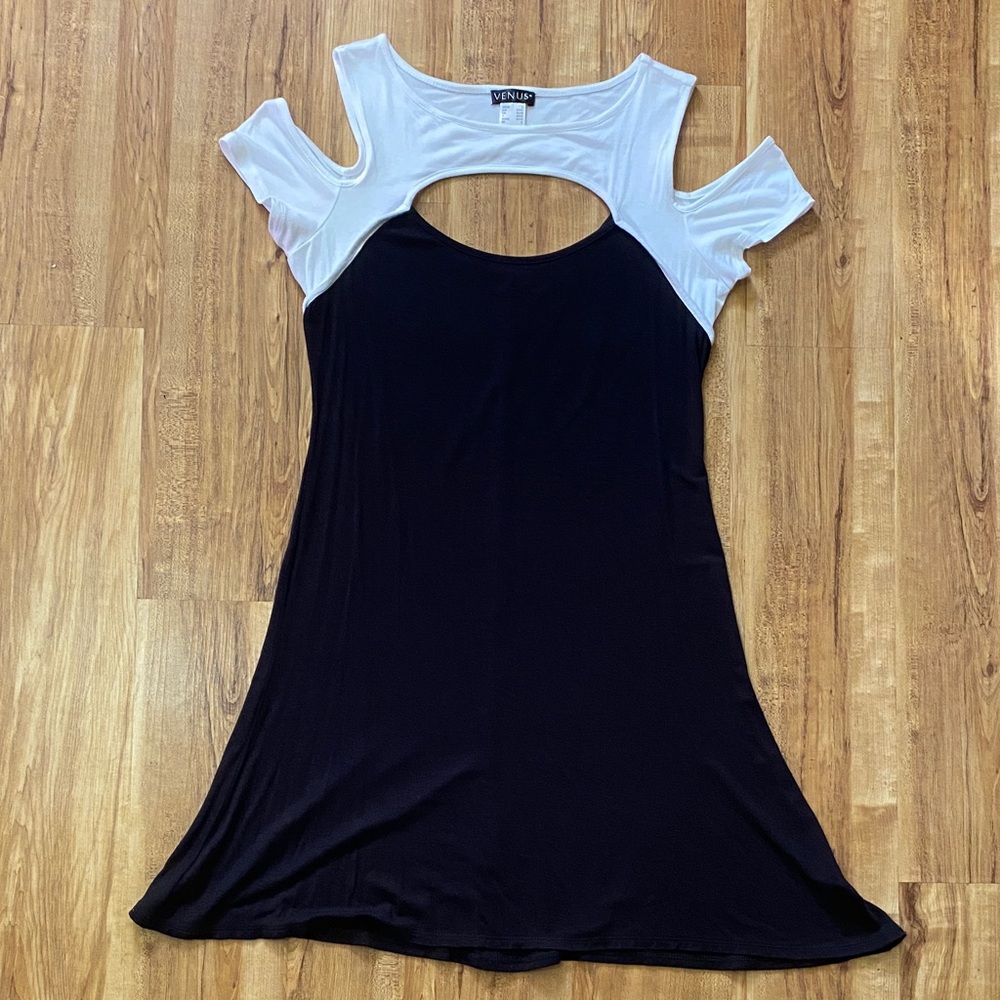 VENUS Black and White Cut Out Cold-Shoulder Dress